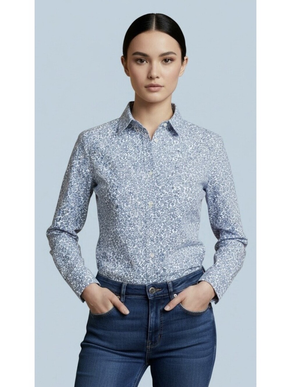 TOMMY HILFIGER Women’s Cotton Floral Roll-Tab Shirt in Keepsake Blue-Size Large